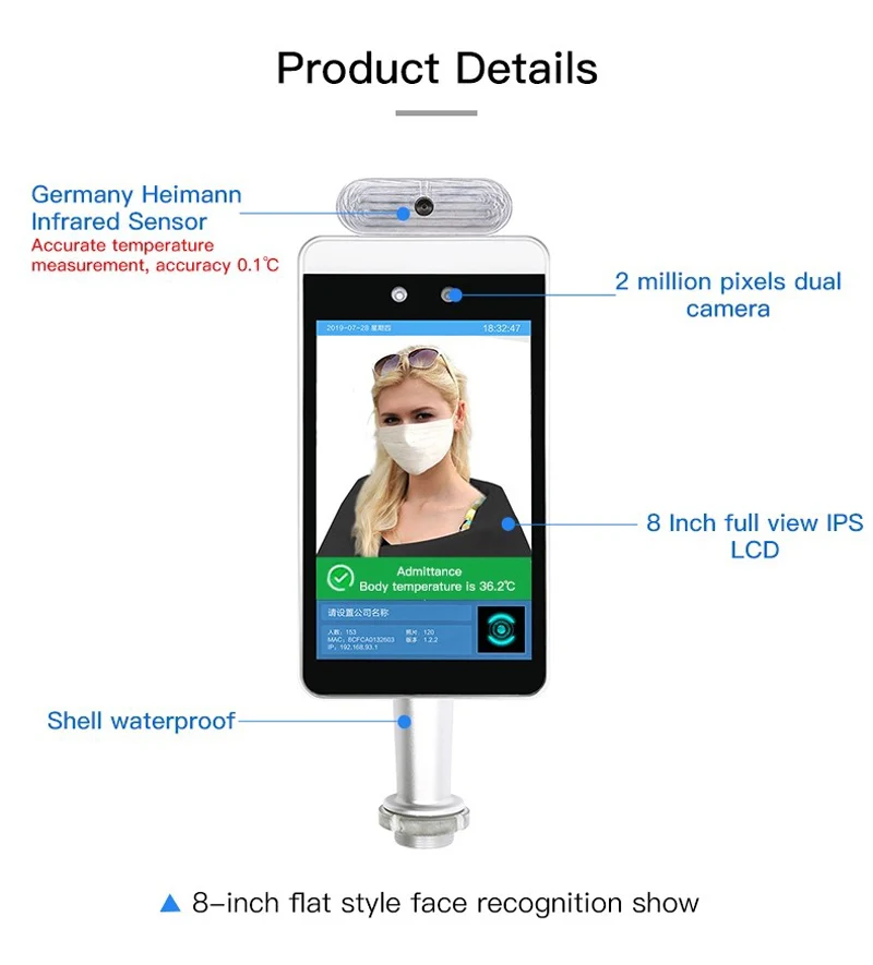 AI biometric face facial recognition and temperature measuring device