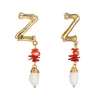 Bohemian Coral Pearl Bamboo Z Initial Letter Name Earrings Fashion Jewelry For Women