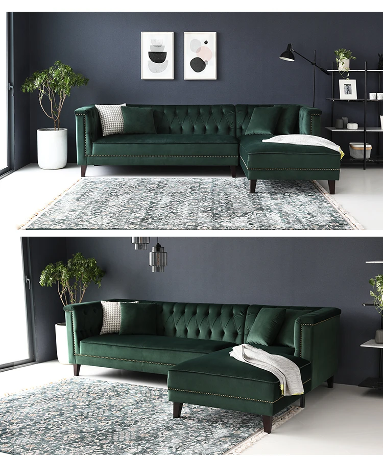 Dark Emerald Green Velour Velvet Tufted Sectional Sofa Couch Corner L