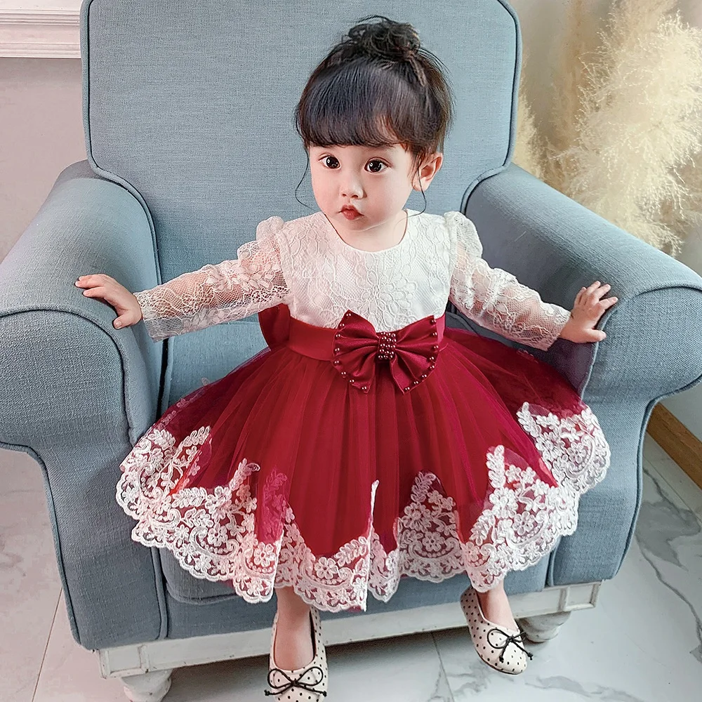 2022 Long Sleeve Bowknot Newborn 1 Year Baptism Birthday Evening Children Dress Party Wedding Kids Clothes Baby Girl Dresses