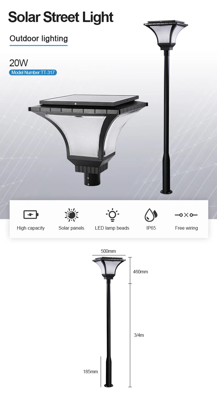 High Performance Outdoor IP65 Pole Area Lighting Stand Alone Pack Garden 20W Solar Powered Led Post Top Light