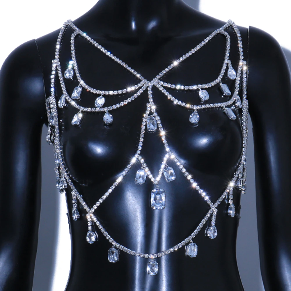 Stonefans Exaggerated Pendant Rhinestone Sexy Lingerie Body Chain Bra Harness For Women Crystal 3079