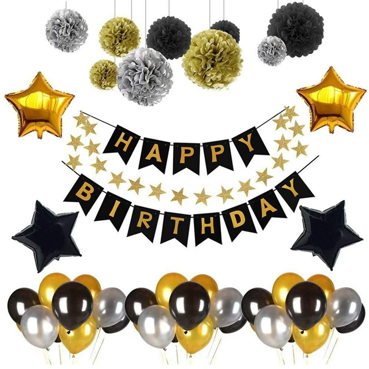 MSMANCY Black Gold Birthday Party Decorations Set, Happy Birthday  Banner,Glitter Star Garland, Foil Star and Balloons for Women Girls  Birthday Party