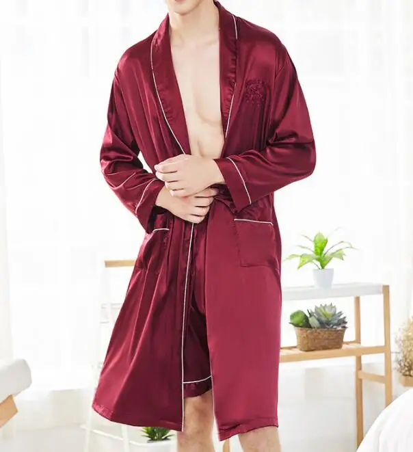 Borje Mens Satin Robe Luxurious Silk Spa Long Sleeve Printed Kimono Bathrobe Lightweight Sleepwear 