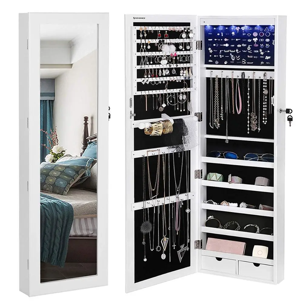 6 LEDs Mirror wooden Jewelry Cabinet Lockable Wall/Door Mounted Jewelry Armoire Organizer with Mirror, 2 Drawers