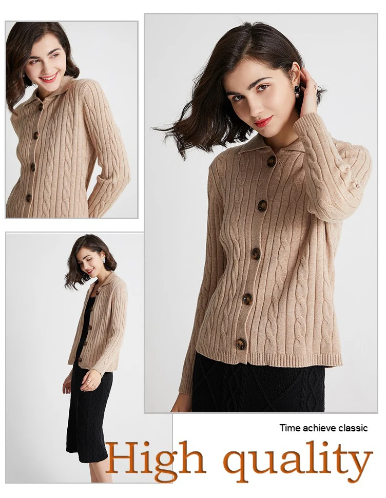 Fashionable Polo Neck Cable Knit Womens Knitted Sweater Cardigan