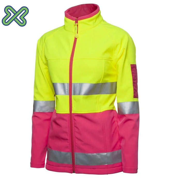 Pink Safety Reflective Softshell Jacket High Visibility Winter Zipper