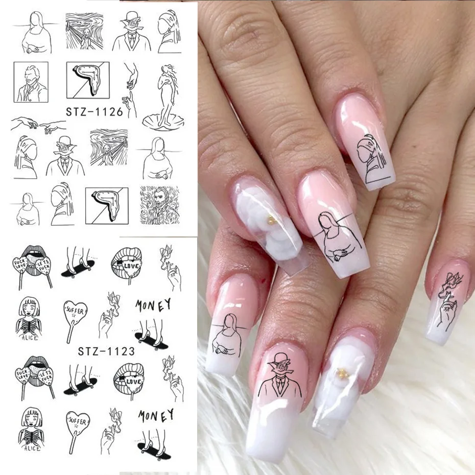 美甲贴纸黑线蛇纹梵高嘴唇钉水转印贴纸