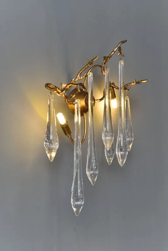 MEEROSEE Icicle-Trimmed Crystal Pendant Wall Light Gold Copper Wall Sconce Lamps Wedding Decoration Rattan Lighting MD87026