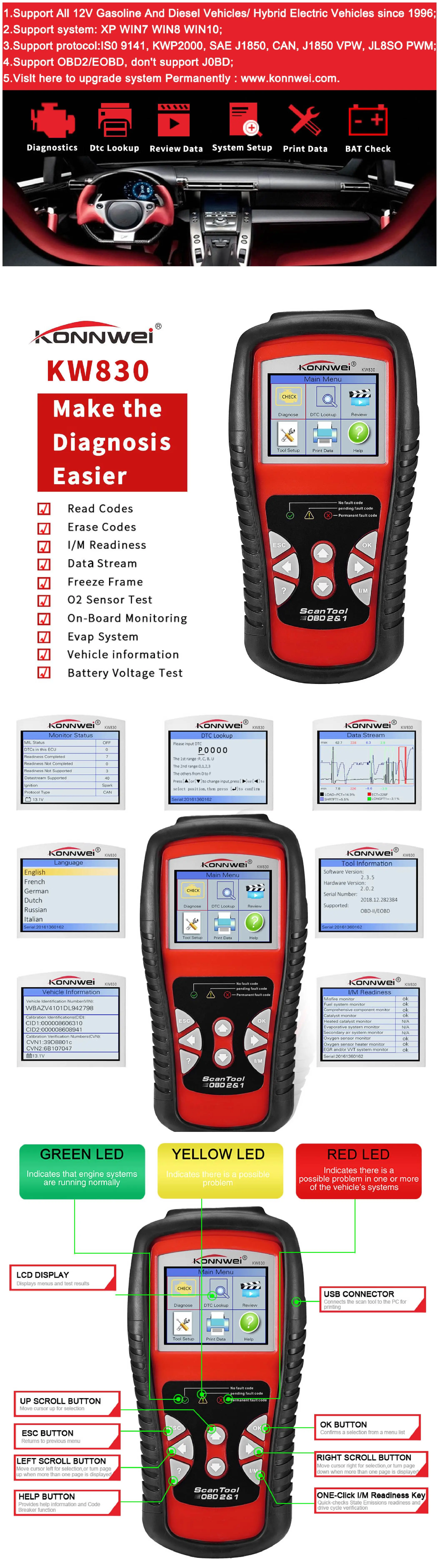 KONNWEI KW830 OBD2 Auto Scanner Code Reader ODB2 Car Diagnostic Scanner