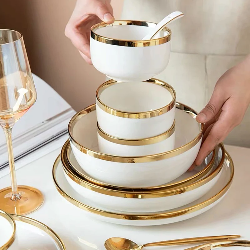 Qianyue HoReCa Gold Rim Dinnerware Set Ceramic Nordic Porcelain Flat Dinner Plates for Wedding Restaurant supplier