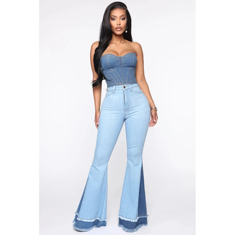 Best Design Fall 2021 Women Clothes High Waist Plus Size Jeans Pants Splice Bell Bottom Trousers Women Flare Denim Pants