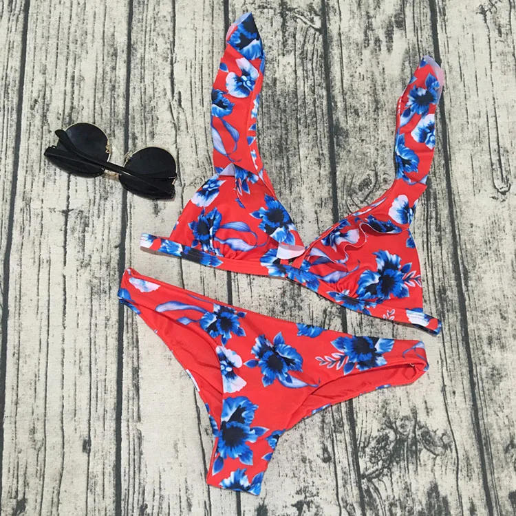 Print Bikini Ruffled Zig Zag Swimsuit Female Swimwear Europe And America Strap Bikini Swimwear 3314