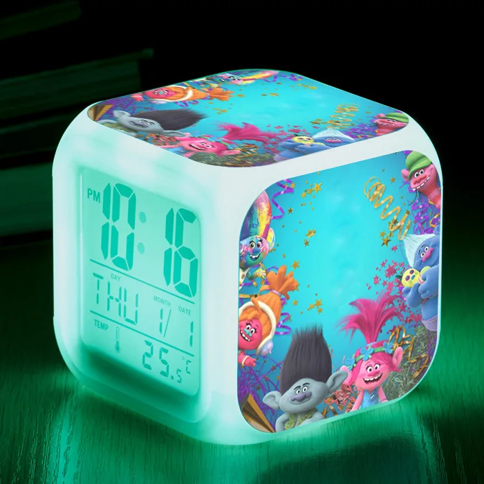 Custom pattern logo LED 7 Colour Changing Digital Alarm Clock Thermometer Night Light cube cartoon design table Clock