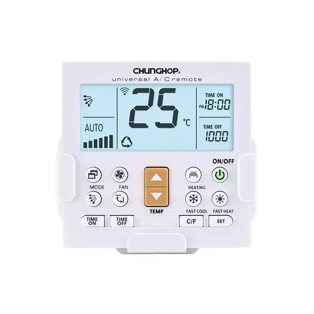 Qunda KT-109U remote showing TEMP+ and TEMP- buttons used for code selection