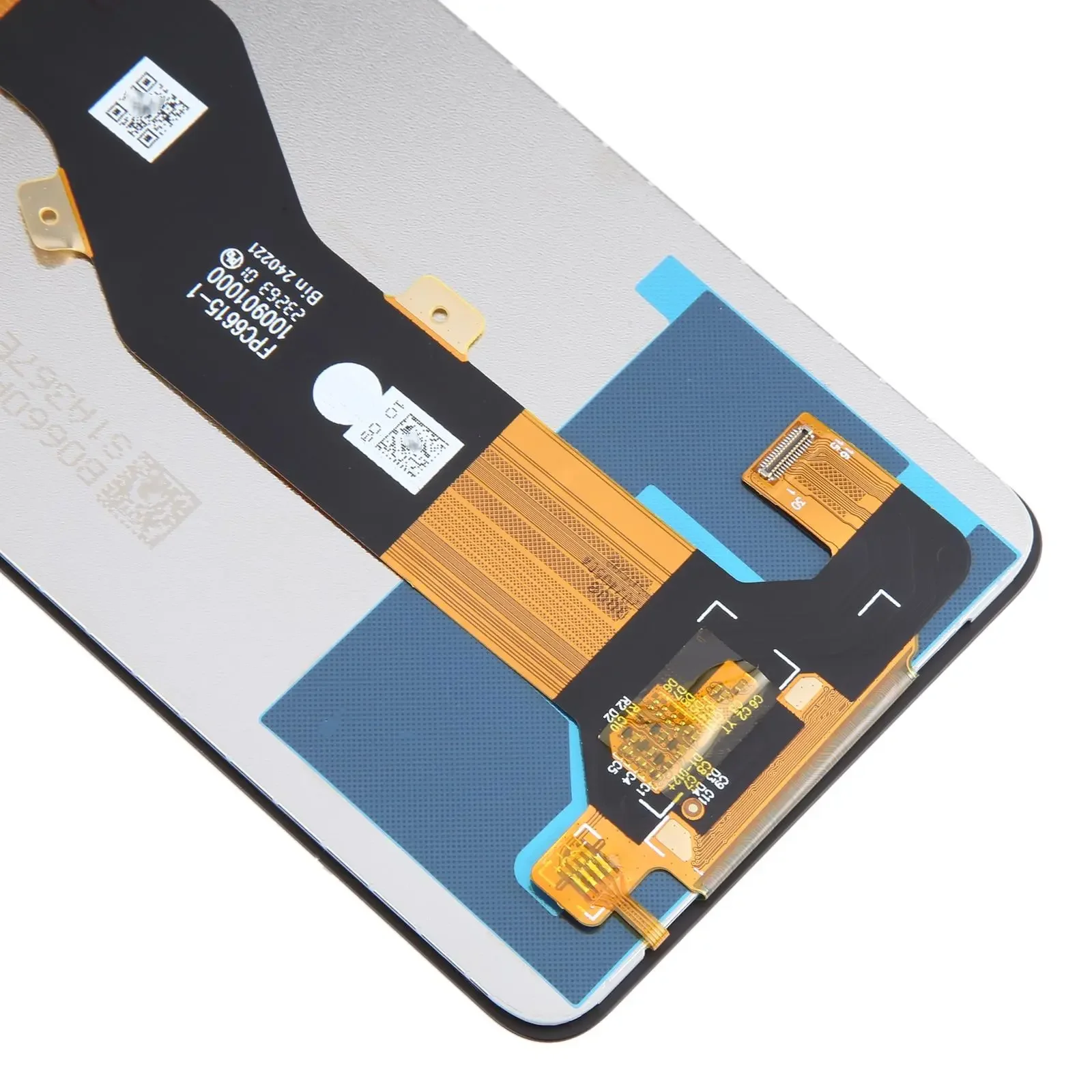 OEM Itel S24 LCD assembly showing full frame, flex cable, and protective film intact