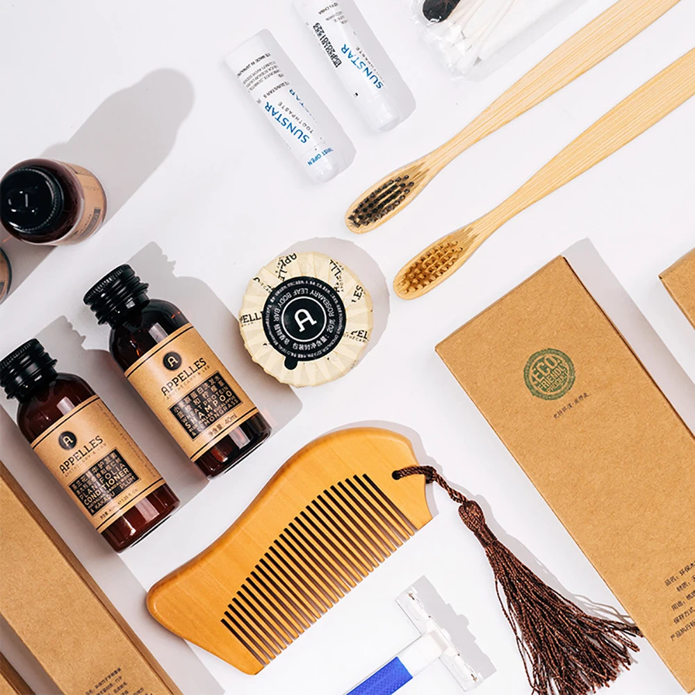 
Hotel Supplies Custom Wooden Bamboo Comb Shaver Biodegradable Toothbrush Kit 