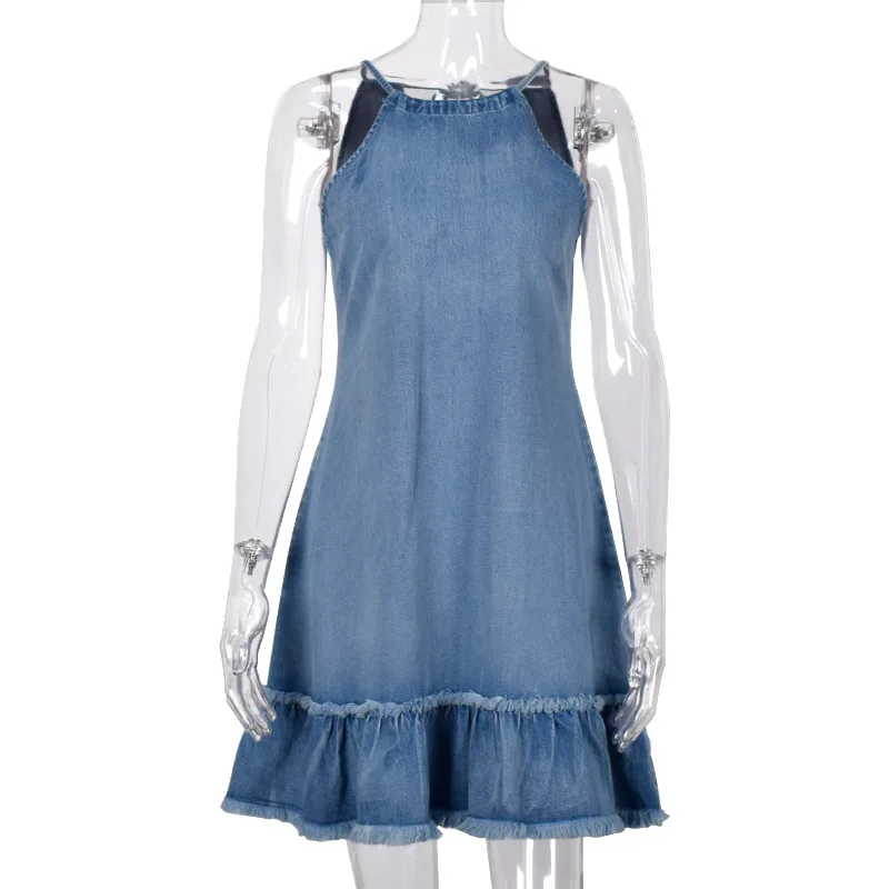 New Oem Fashion Loose Ladies Jeans Women Halter Ruffles Dresses Denim Dress