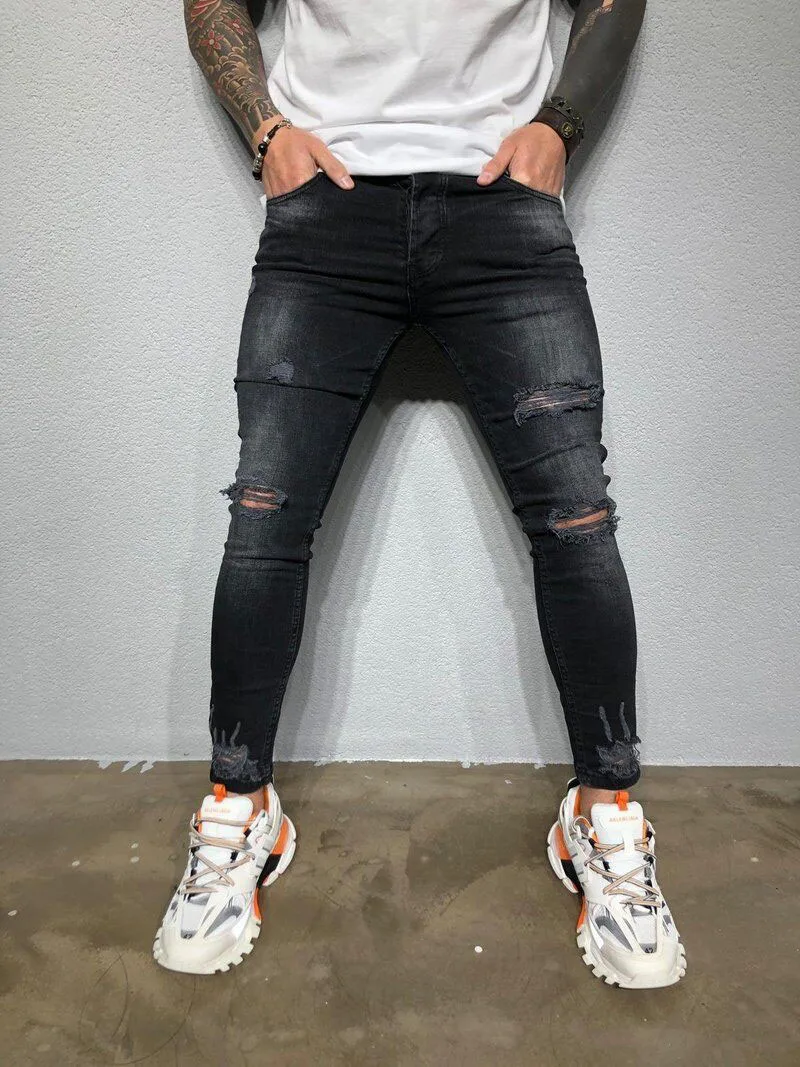 2021 New Summer Street Style Men's Jeans Fashion Ripped Black Denim