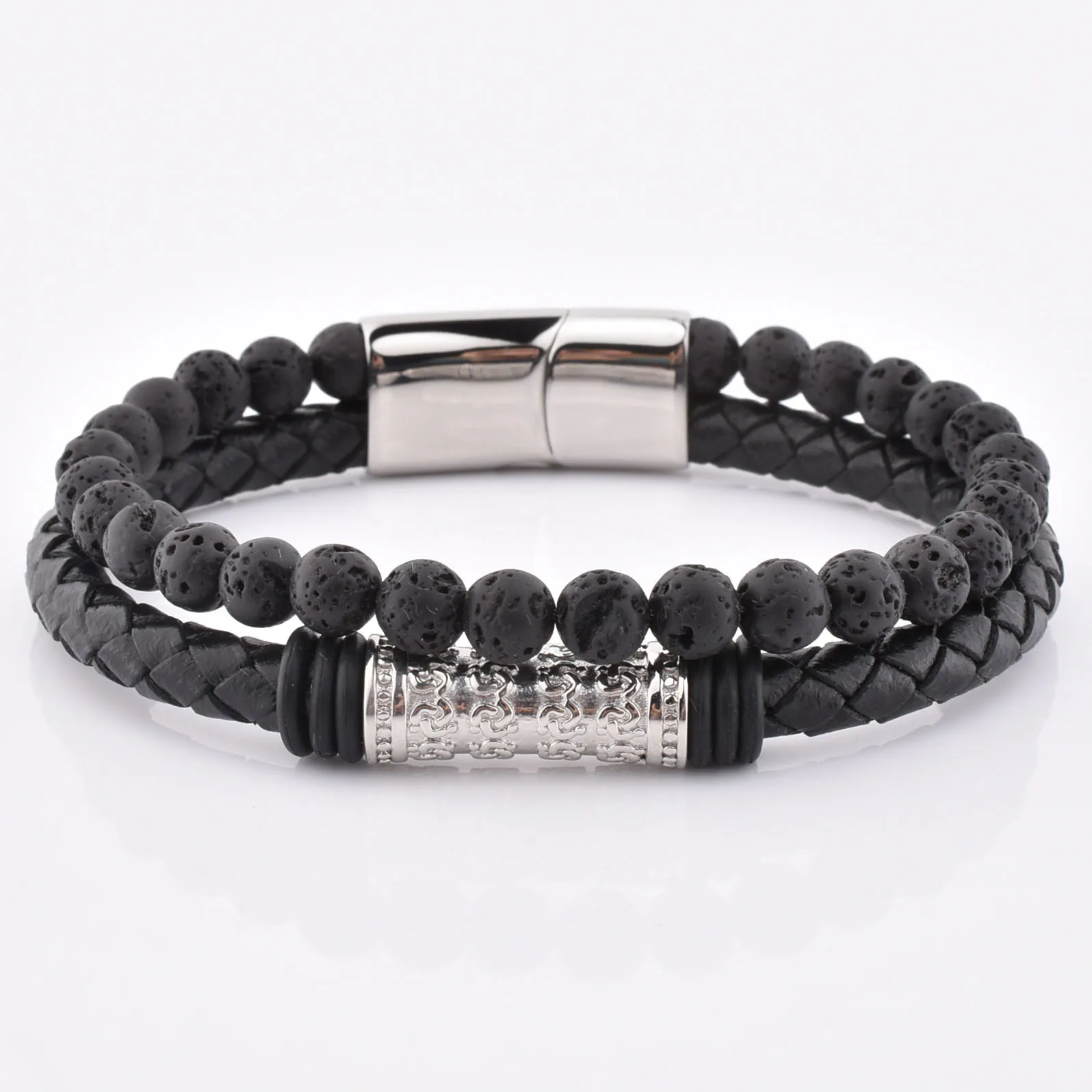 Men Fashion Double Skull Magnetic Leather Wrap Yellow Tiger Eye Bead Bracelet