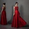 PEV-L3145 Simple Satin Scoop Neck Beaded Prom Dress Long Evening Dress with Pockets