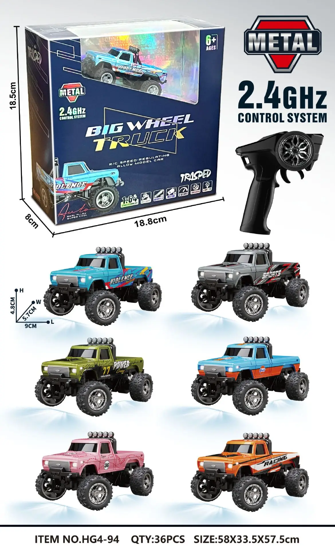 最新的1:64速迷你钢筋混凝土合金卡车酷光减震越野怪物儿童玩具，带遥控器