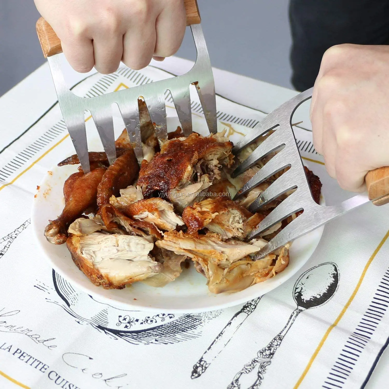 Griffes à viande en métal fourchettes à viande en acier inoxydable avec manche en bois séparateur de viande en forme dours en forme de griffe de dinde séparateur de barbecue 