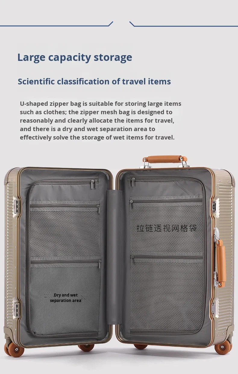 High-end New Design PC Aluminum Frame Suitcase Spinner Trolley Case 28 in Luggage Anti-drop Travel Case TSA Lock Leather Handle details