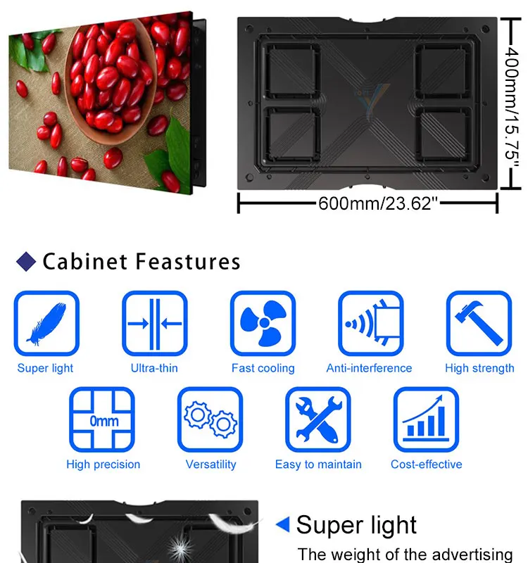 600x400 mm Advertising Machine and Light Pole Screen Magnesium Alloy Cabinet for P2.94 P3.33 P3.84 LED Screen