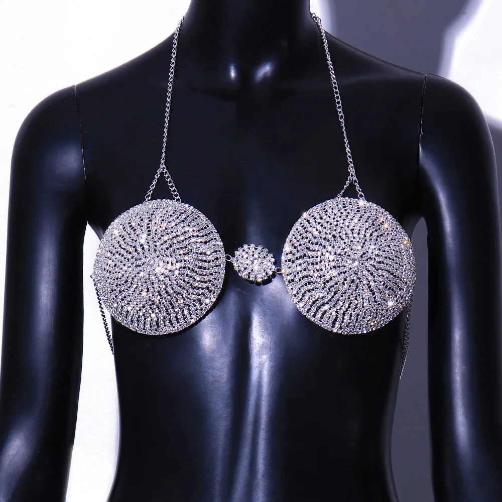 Exaggerated Round Bikini Chest Chain For Women Shiny Body Jewelry Nightclub Sexy Rhinestone Bra