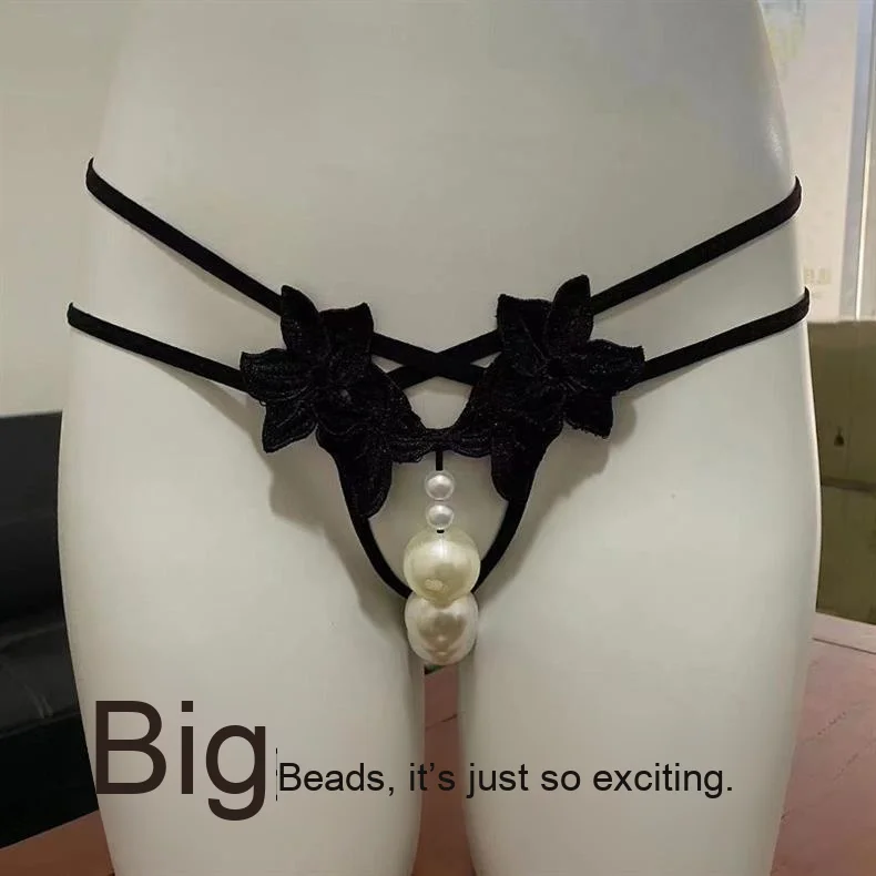 Women's Sexy Transparent Floral Embroidered Panties Low-Rise Thin Crotchless Thong No-Removal Pearl-Infused Pure Plain Dyed