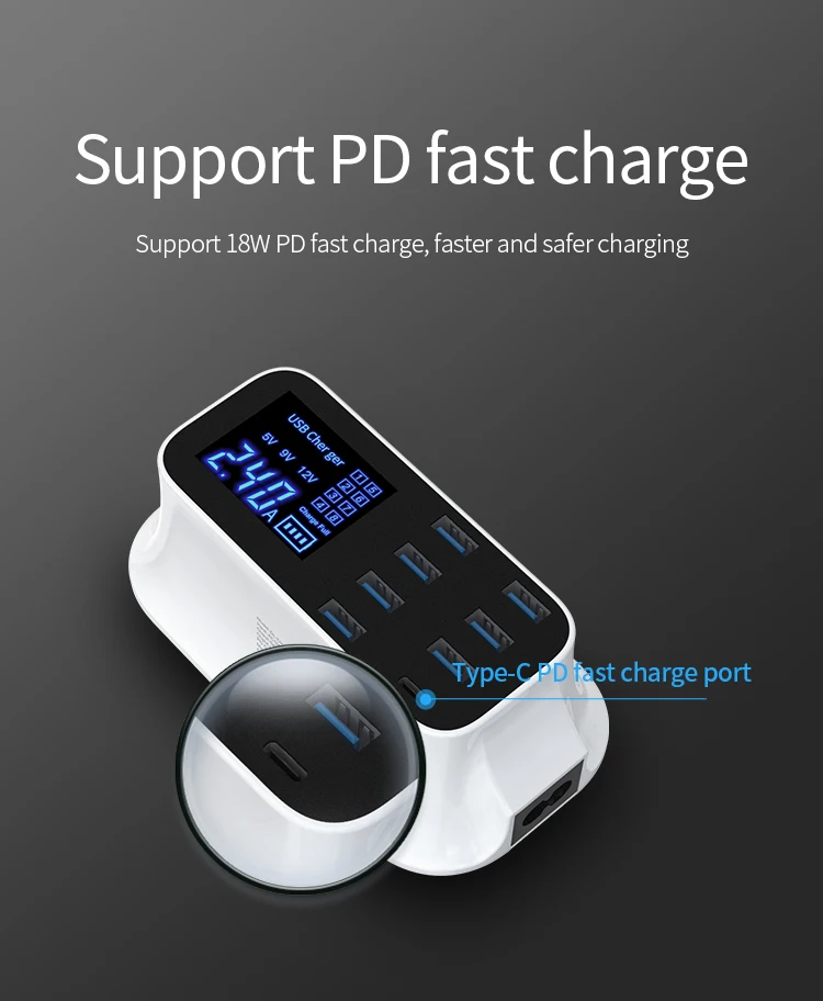Manufacturer OEM high quality 18W PD charger multi USB charger 7 USB port 1 Type-C port smart charger fast charge 