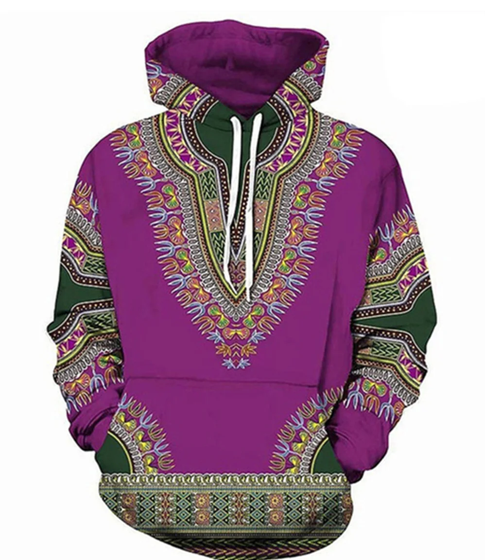 Men's Afrrican Dashiki Top with hood Women's Hoodie Traditiona  S M L XL Purple 
