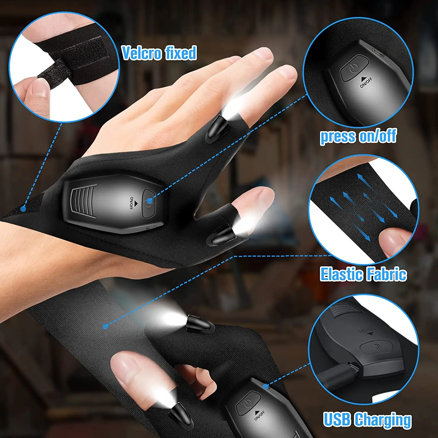 1 Pair Rechargeable Led Flashlight Gloves Waterproof Outdoor Fingerless