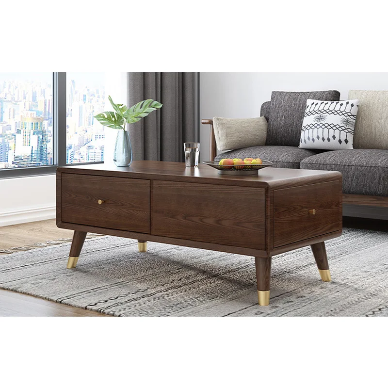 product-Nordic custom supported brass feet wooden cafe coffee table walnut color using in home-BoomD-1