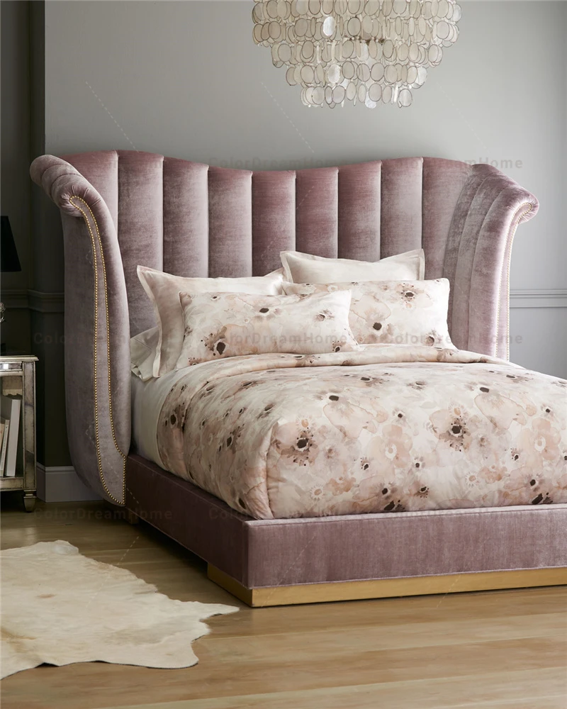 Luxury Furniture Pink King Bed High Headboard Padded And Upholstered