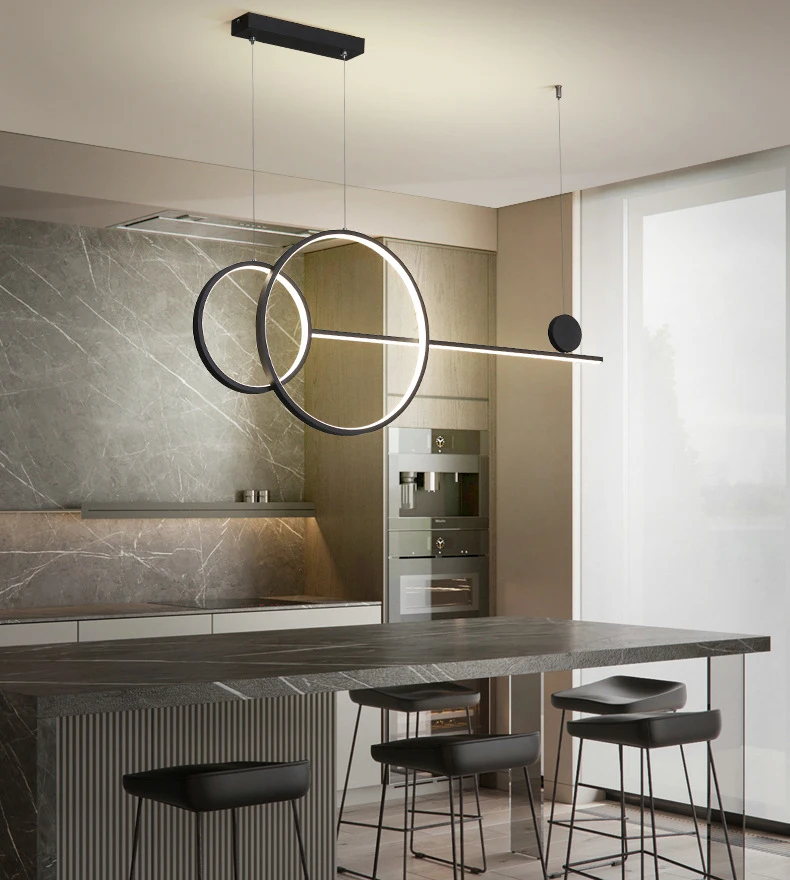 Modern minimalist design, light luxury dining table, bar long chandelier Nordic creative minimalist ring restaurant chandelier