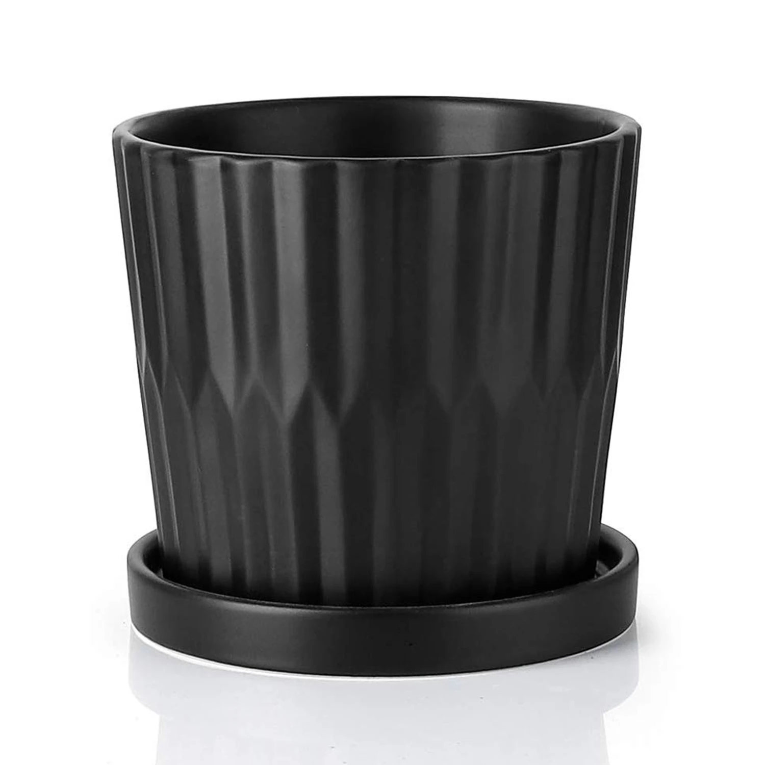 6英寸黑色圆柱陶瓷花盆,配有茶碟