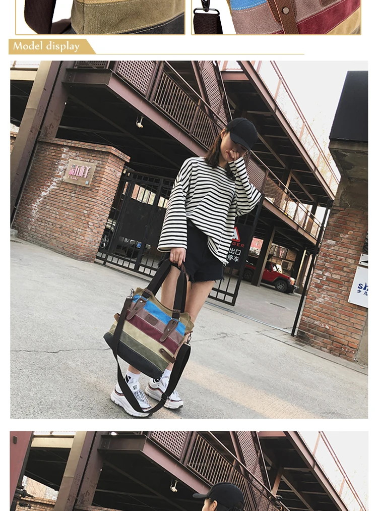 Color Stitching Stripe Canvas Woman Handbags Retro Simple Large Capacity Tote Bag Ladies
