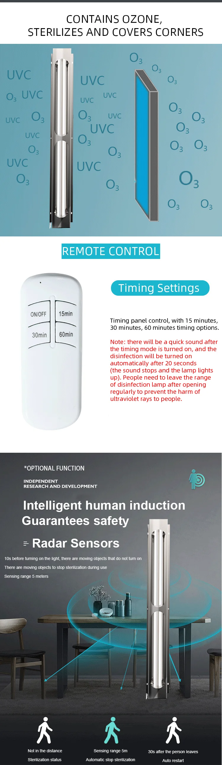 UV-C Lamp Kill Bacteria 150W Ozone Quaretz Remote Control Wall Mounted UV Disinfection Germicidal Lamp  With Motion Sensor