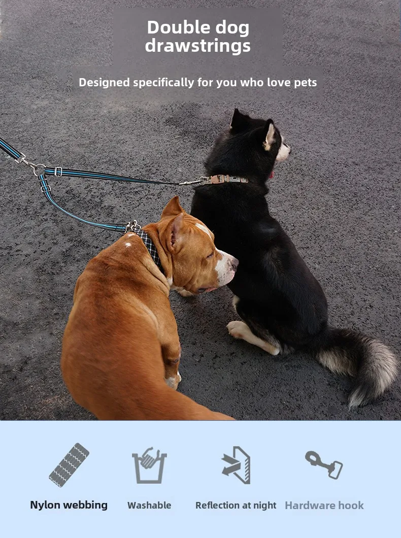 Double-Headed Reflective Eco-friendly Nylon Dog Walking Leash Solid One-to-Two Strap with Ribbon Decoration for Large Breed Dogs