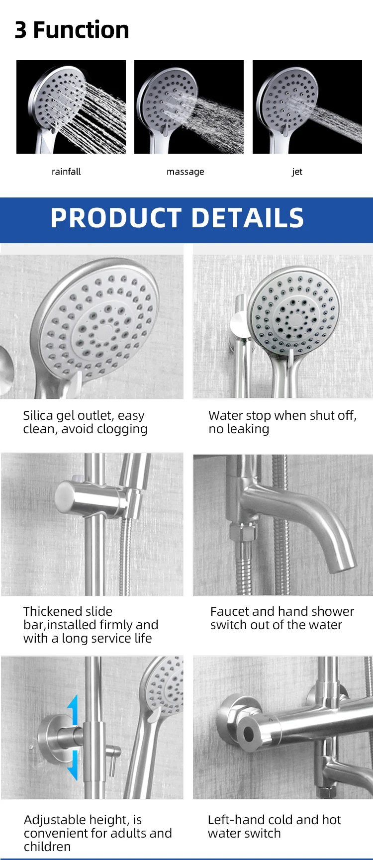 High end wall-mounted stainless steel single hand shower head with slide bar shower set