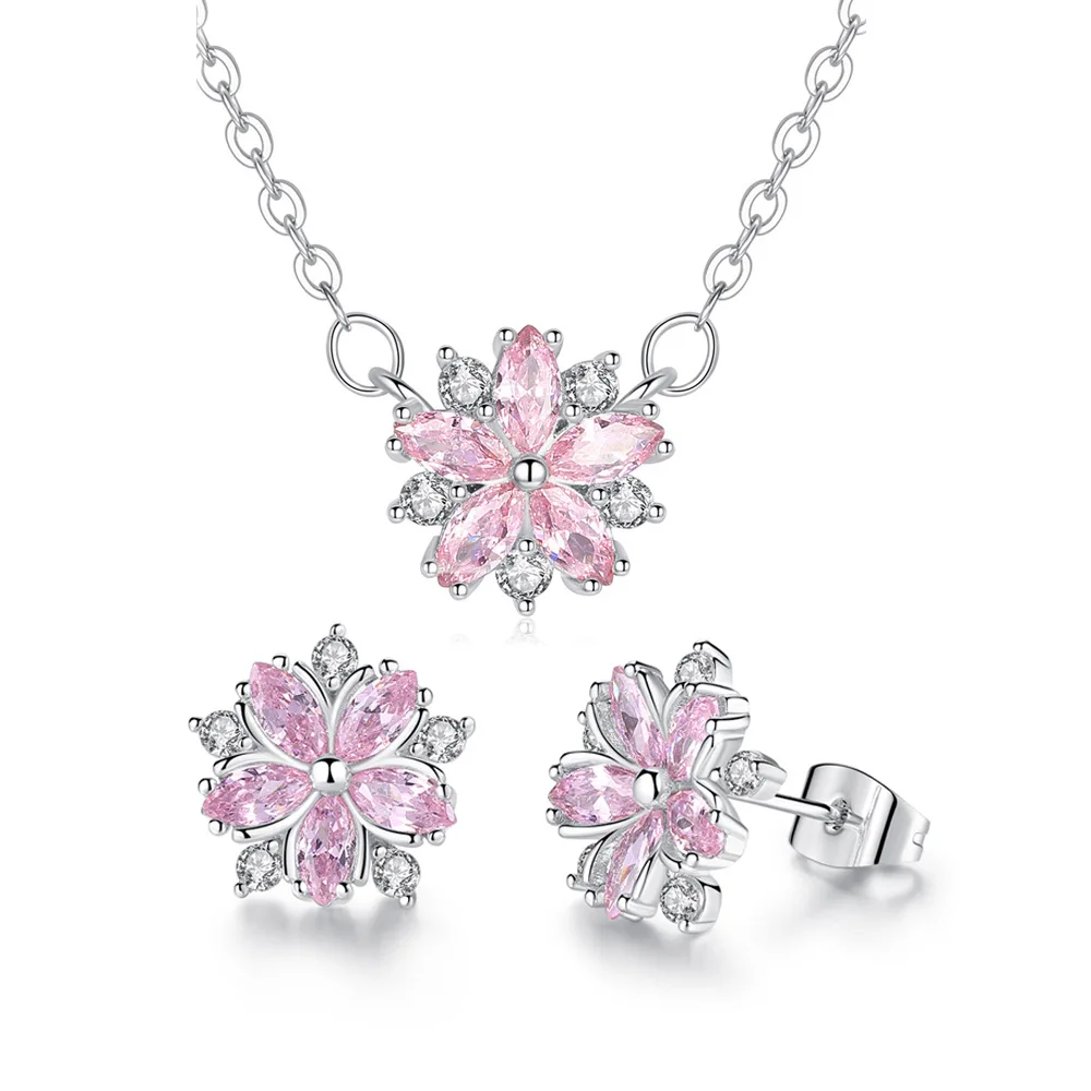 925 Sterling Silver Cute Pink Cubic Zirconia Heart Necklace & Earrings