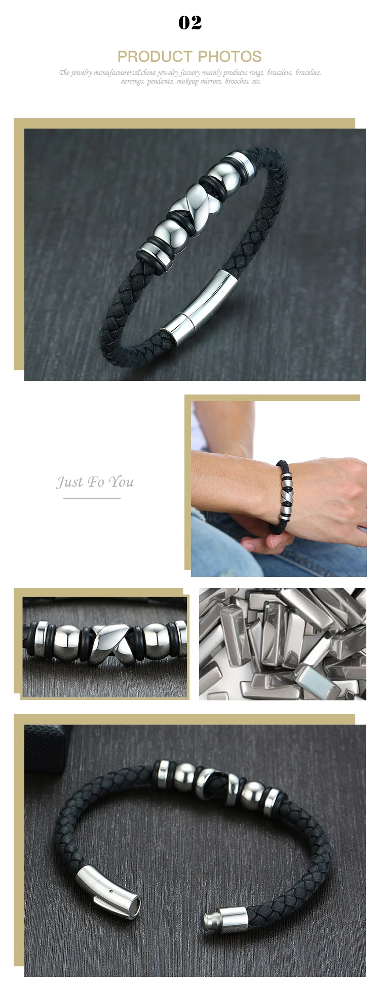 Chinese Manufacturer European and American style 21.5CM titanium steel leather black men's bracelet BL-529