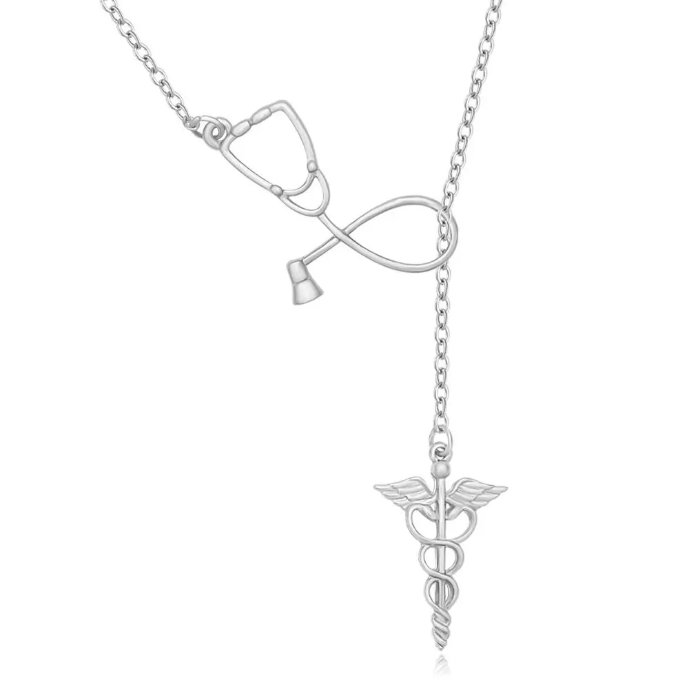 925 Sterling Silver Medicine Stethoscope Caduceus Lariat Necklace