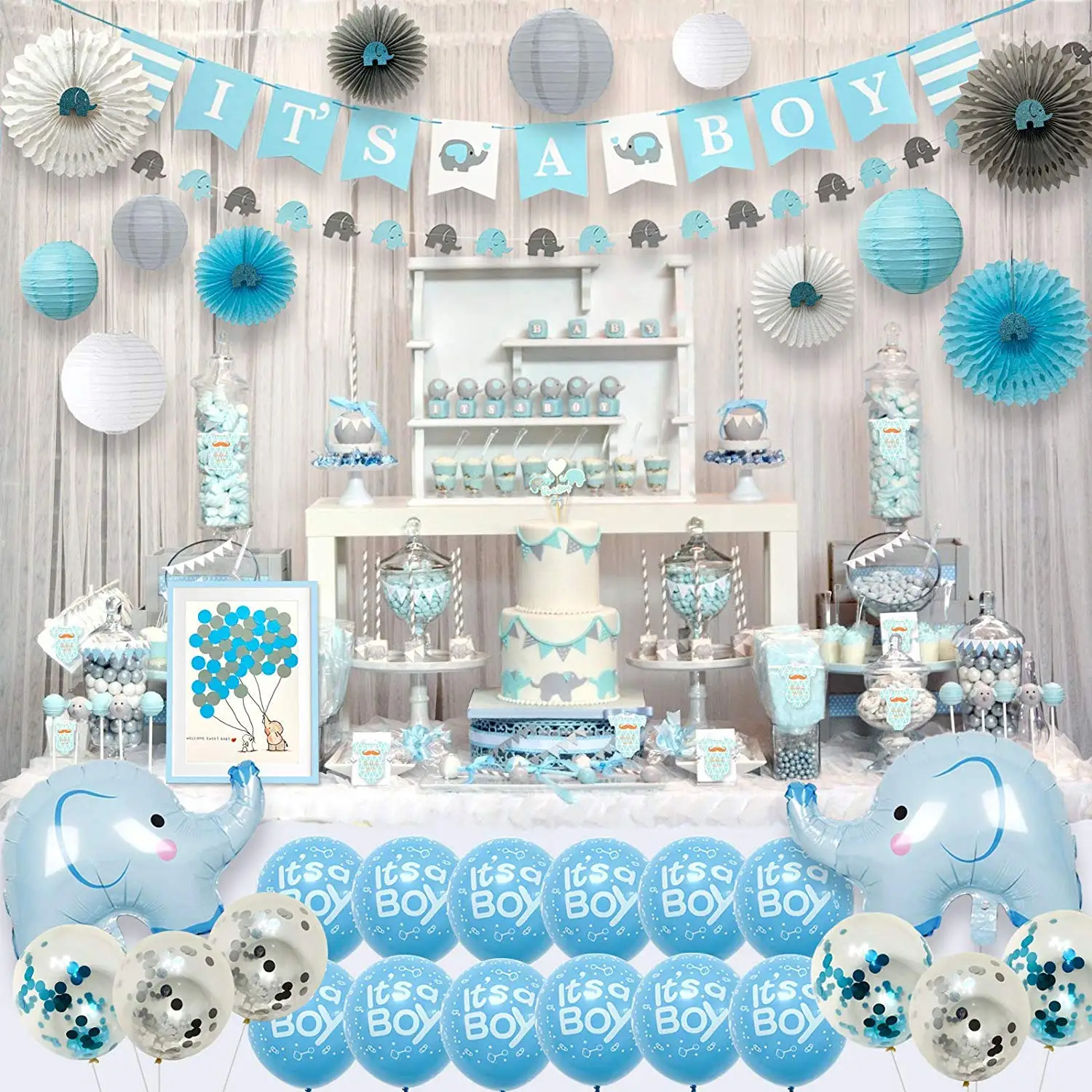 143 Pcs Blue Elephant Baby Shower Decorations For Boy Party Supplies Kit With Guest Book Is A Child Paper Garland Fans Lanterns Buy Party Supplies