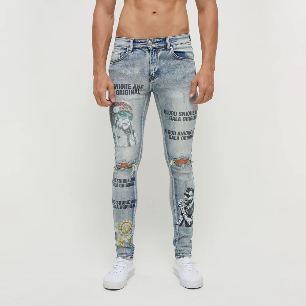 DiZNEW Custom Digital Print Brand logo Fashion Mens Jeans Wholesales Slim Light Blue Distressed Wash Denim Pants factory