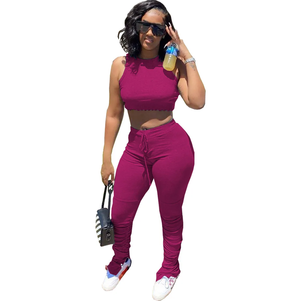 Wholesale 2021 new fashion trendy plus size two piece set women clothing summer crop top stacked pants set