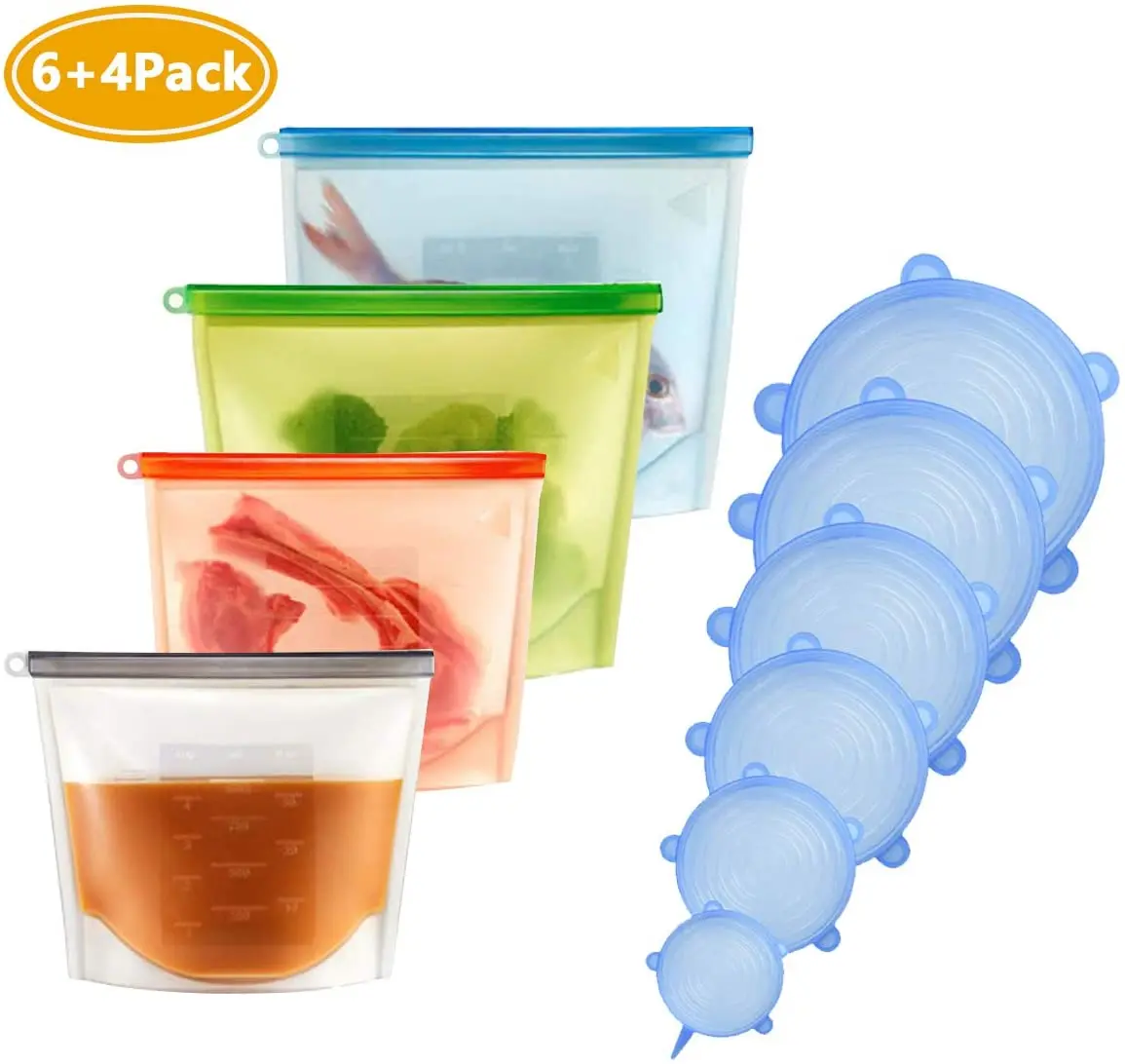 6pack Silicone Stretch Lids + 1 Silicone Food Storage Bag Reusable