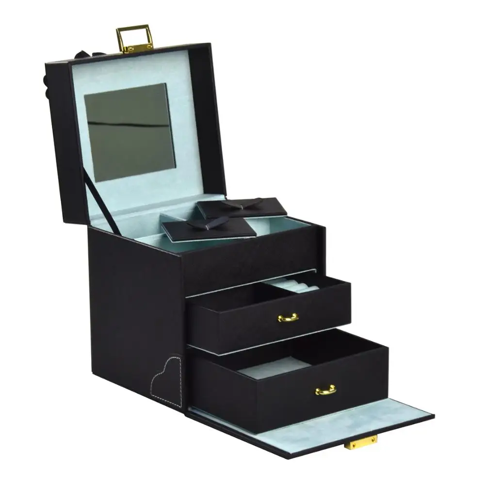 Custom Fashion Style 3 Drawer Trinket Box Pu Leather Lockable Jewelry